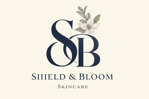 Logo for Shield & Bloom Skincare with floral elements on a light background